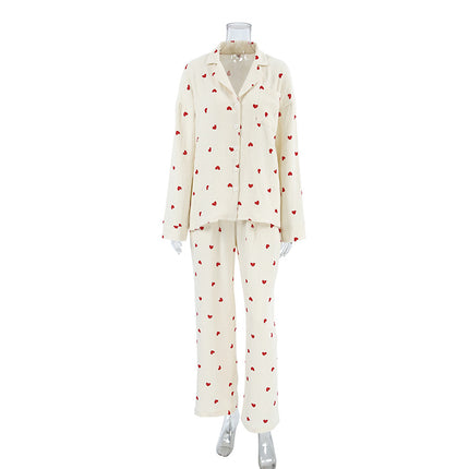 Spring and Summer Pure Cotton Crepe Casual Long-sleeved Trousers Comfortable Love Print Suit