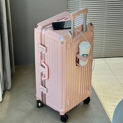 Large Capacity Suitcase Women's Aluminum Frame Trolley Case 26 Inches Password Suitcase Cup Holder Brake