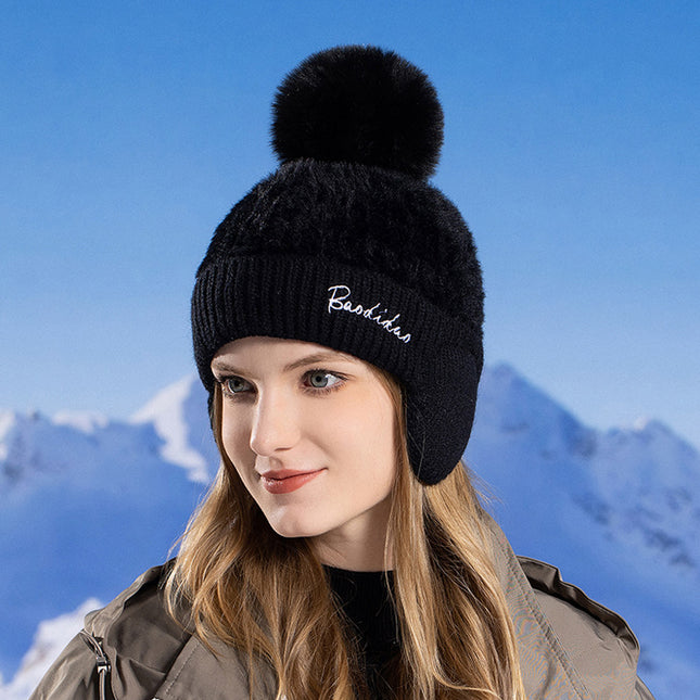 Women's Winter Warm Knitted Hat with Velvet Ear Protection and Fur Ball Pullover