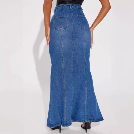 Wholesale Women's Fishtail Skirt Washed Maxi Denim Stretch Skirt