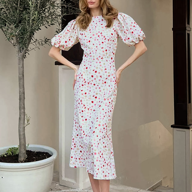 Wholesale Women's Summer Slim Waist Long Skirt Puff Sleeve Printed Floral Dress