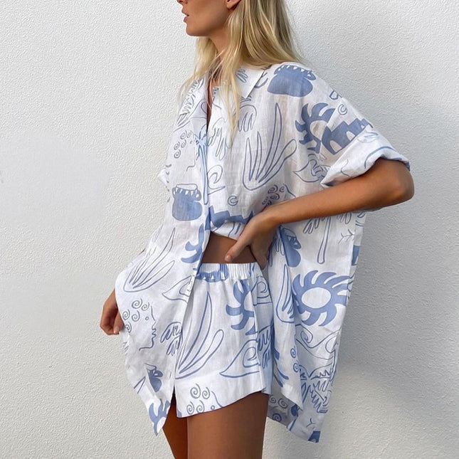 Wholesale Women's Beach Style Printed Shirt Summer Short Sleeve Shorts Two Piece Set