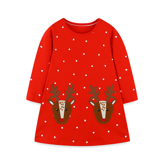 Autumn Girls' Christmas Embroidered Cartoon Polka Dot Princess Dress