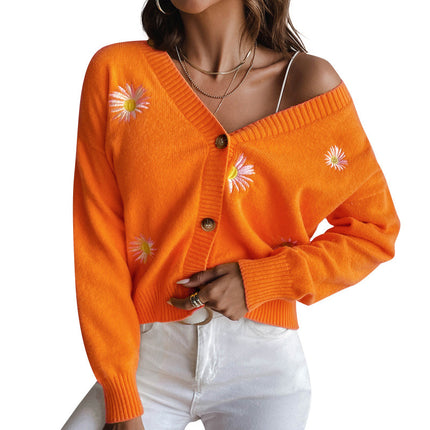 Wholesale Women's Fall Winter Daisy Embroidered Cardigan Sweater Jacket