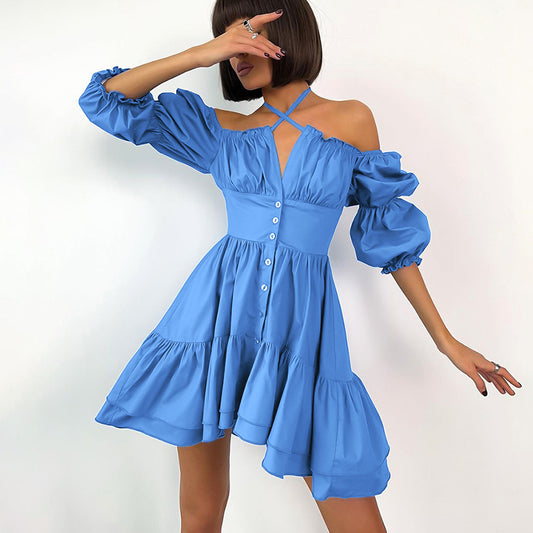 Wholesale Women's Summer French Puff Sleeve Ruffled Strappy A-Line Dress