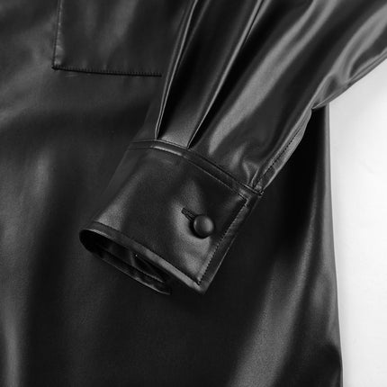 Women's Fashionable Casual Black Leather Jacket Matte PU Leather Shirt