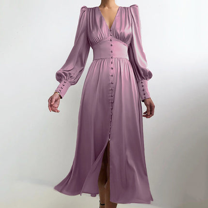 Wholesale Women's Fall Winter V-Neck Satin Palace Waist Retro Dress