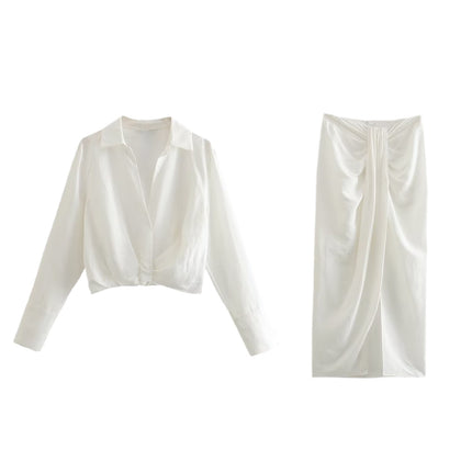 Wholesale Women's Lapel Long Sleeve Short Shirt High Waist Pleated Skirt Suit