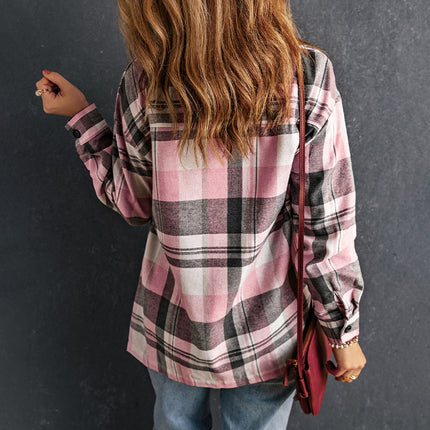 Wholesale Women's Spring Autumn Button Pocket Pink Check Shirt
