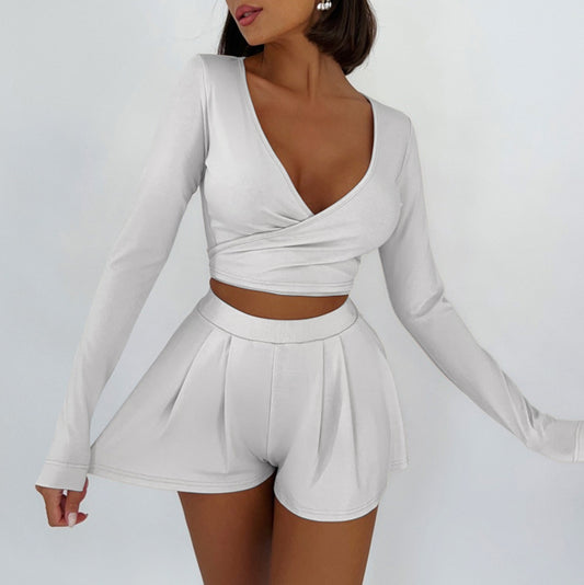 Wholesale Women's Summer Temperament Slim Deep V Long Sleeve Sexy Vest High Waist Shorts Set