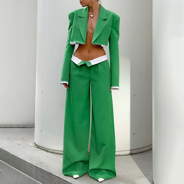 Women's Fall Winter Green Sexy Buttonless Navel Cropped Top and Wide Leg Pants Suit