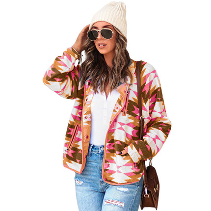 Wholesale Women's Winter Printed Color Block Fleece Long Sleeve Jacket