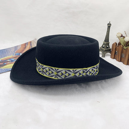 Ethnic Style Tibetan Woolen Felt Hat Jazz Hat Western Cocked Top Hat Cowboy Hat 