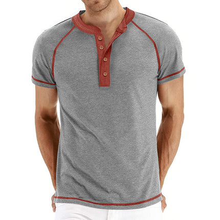 Men's Summer Short Sleeve Round Neck Henley T-Shirt Color Block Top
