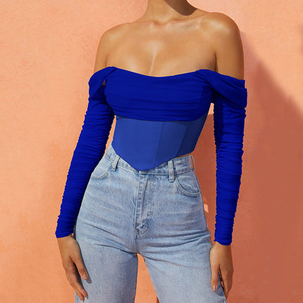 Women's Fall Mesh Perspective Off-shoulder Cropped Navel-Baring Top