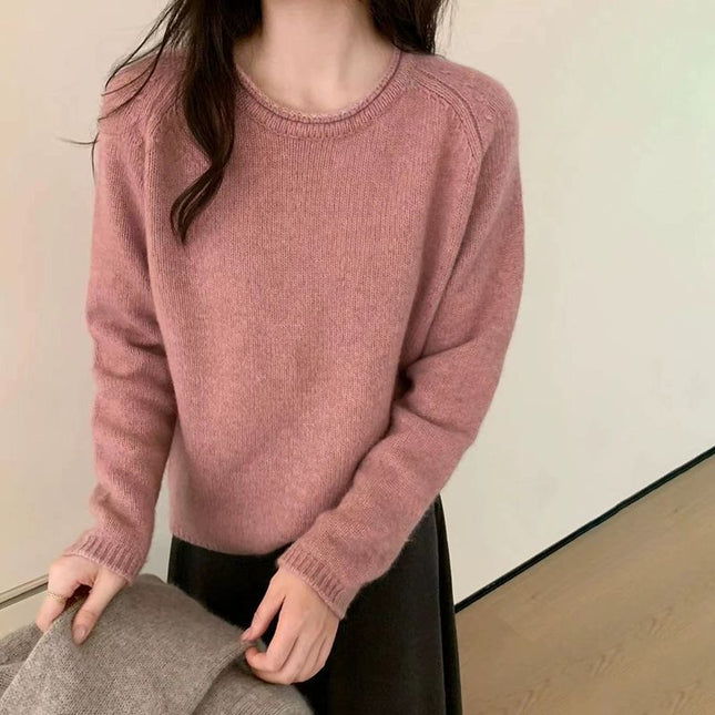 Women's Loose Thickened Soft Rolled Edge Round Neck 100% Wool Sweater