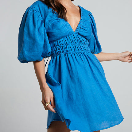 Wholesale Ladies Summer Cotton Dress Puff Sleeve Slim Fit Deep V Waist Slim Mini Dress