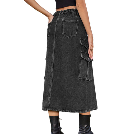 Wholesale Women's Elastic Waist Denim Workwear Casual Midi Skirt