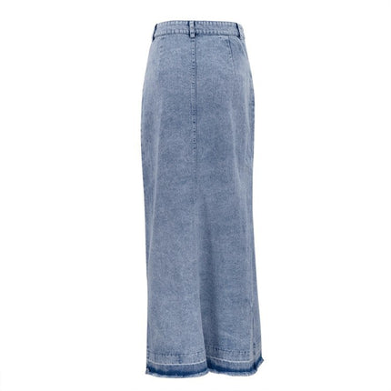 Wholesale Women's Raw Edge High Waist Frayed Edge Loose Slit Denim Maxi Skirt