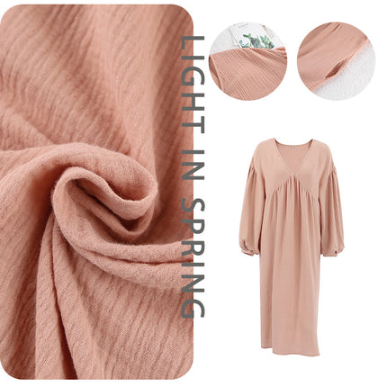Wholesale Women's Fall Loose Casual Fashion Puff Sleeve V-Neck Crepe Cotton Maxi Dress