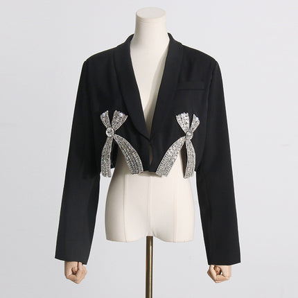 Women's Spring Rhinestone Bow Decoration Short Blazer Skirt Two-piece Set