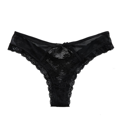 Wholesale Women's Hollow Floral Lace Cotton Crotch Front and Back Double Bow Thong