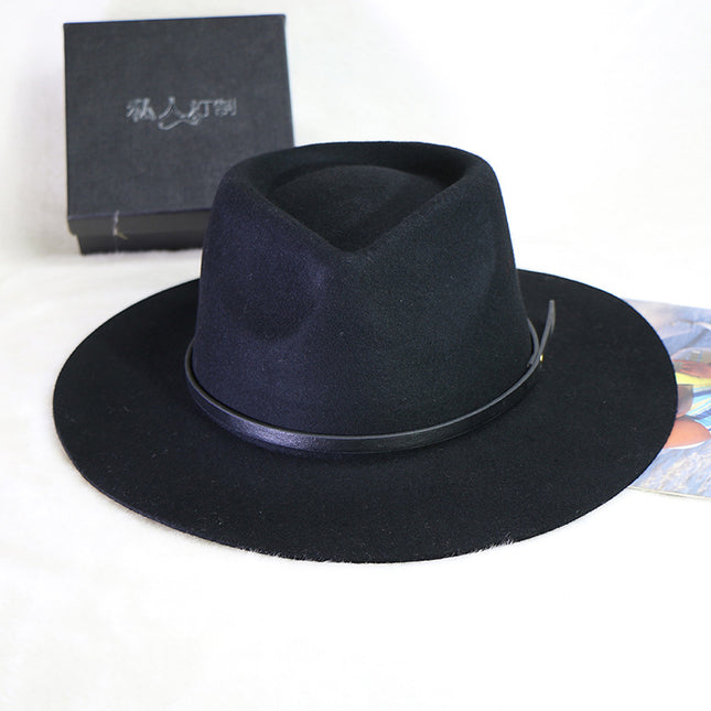 Classic Flat Brim Jazz Hat Cowboy Hat Men and Women Retro Wool Hat