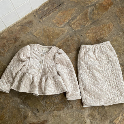 Wholesale Girls Winter Padded Thickened Velvet Coat Straight Skirt Two-piece Set