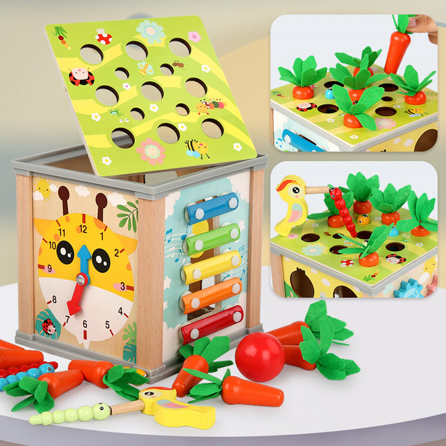Kids Wooden Multi-function Knocking Piano and Pulling Radish and Fruit Matching Building Blocks 