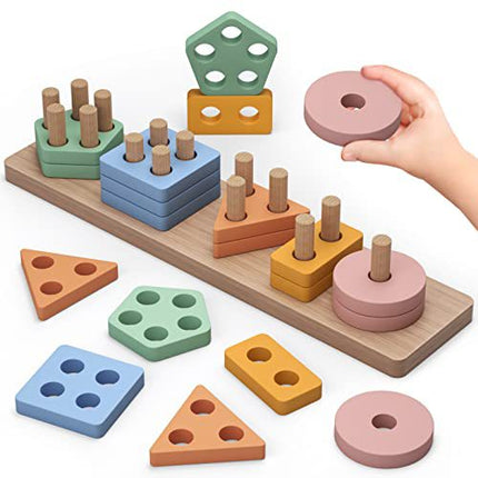 Wooden Geometric Shape Sorting Column Children's Cognitive Stacking Early Education Toys 