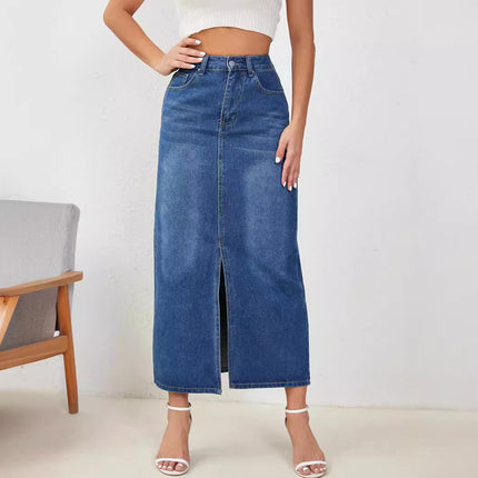 Wholesale Women's Washed Slit Maix Denim Skirt