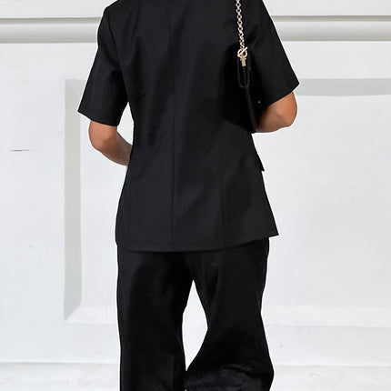 Wholesale Women's Summer V-neck Suit Short-sleeved High Waist Wide-leg Pants Casual Two-piece Set