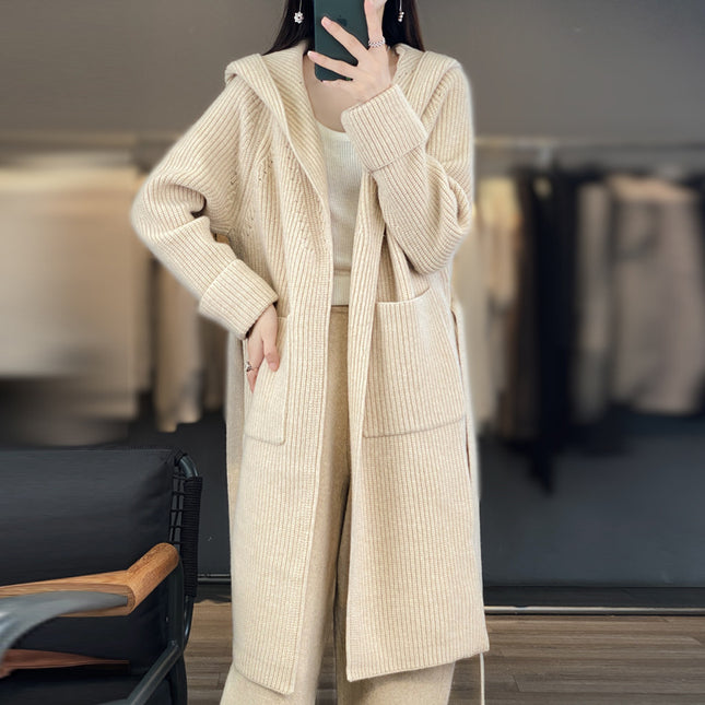Wholesale Women's Thickened Hooded 100% Wool Sweater Mid-length Coat