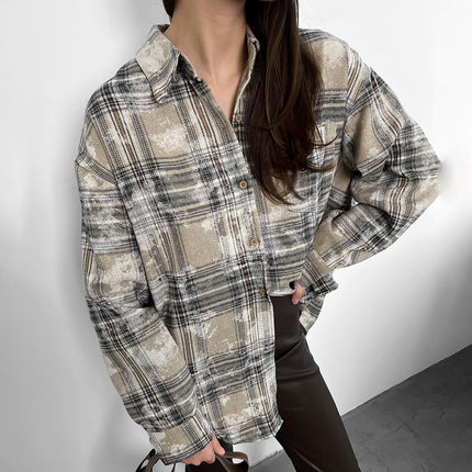 Women's Retro Loose Autumn and Winter Long-sleeved Check Shirt