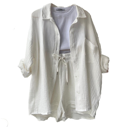 Wholesale Women's Two-Piece Set Crepe Lapel Long Sleeve Shirt High Waist Drawstring Shorts