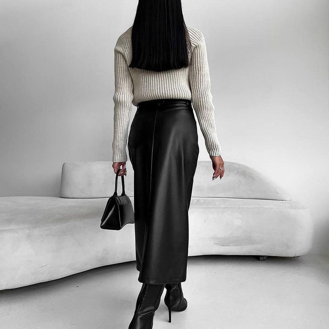 Women's Autumn and Winter Retro Velvet PU Leather Slit Skirt