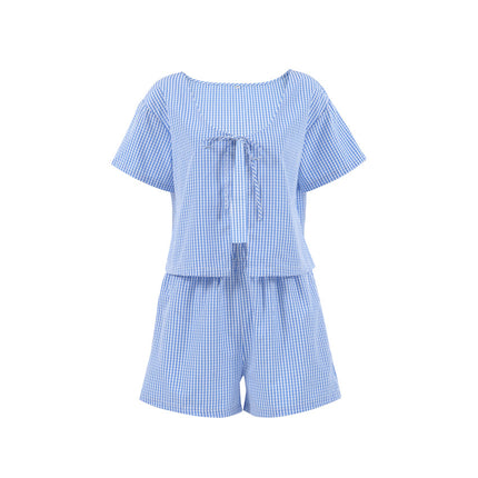 Wholesale Women's Summer Blue Check Shirt Low Collar Casual Loose High Waist Wide Leg Shorts Two Piece Set