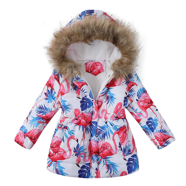 Wholesale Girls Winter Long Hooded Fur Collar Printed Padded Coat