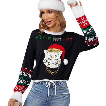 Wholesale Women's Embroidered Christmas Pullover Short Black Sweater