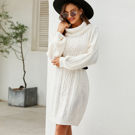 Wholesale Women's Fall Winter Loose Cable Turtleneck Sweater Dress