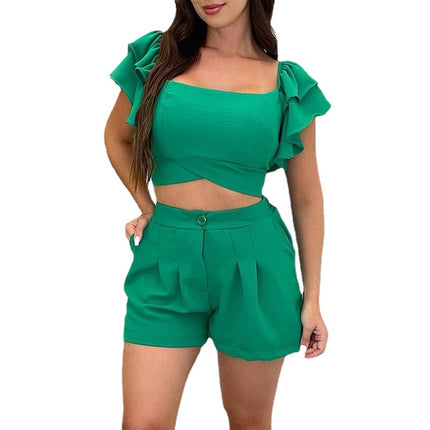 Wholesale Women's Ruffle Sleeves Lace Up Top High Waist Shorts Two Piece Set