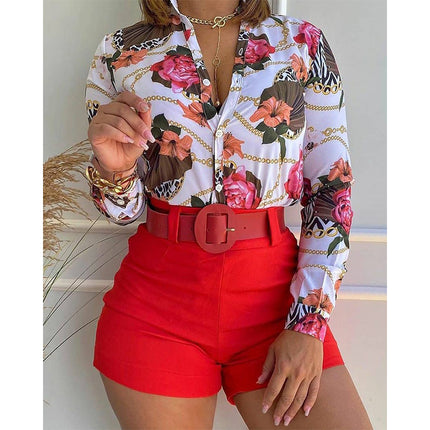 Wholesale Women's Summer Casual Long Sleeve Printed Stand Collar Shirt Shorts Two-Piece Set