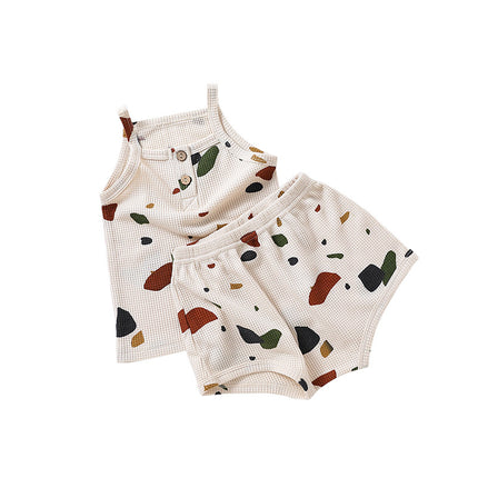 Wholesale Summer Thin Suspenders Set Kid's Waffle Triangle Shorts Baby Printed Two-Piece Set