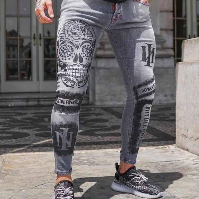 Wholesale Men's Slim Fit Printed Gray Stretch Skinny Jeans