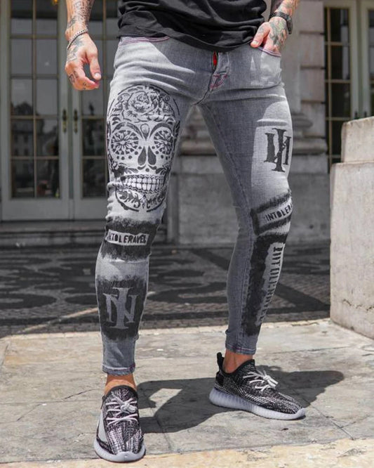 Wholesale Men's Slim Fit Printed Gray Stretch Skinny Jeans