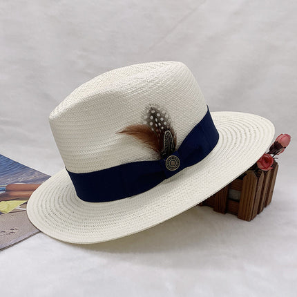 High-end Fine Hand-knitted Panama Straw Hat with Striped Bow and Flat Edge Jazz Straw Hat