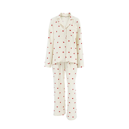 Spring and Summer Pure Cotton Crepe Casual Long-sleeved Trousers Comfortable Love Print Suit