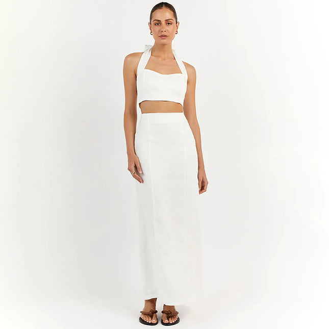 Wholesale Ladies Summer Cotton Linen Halter Vest Long Skirt Two Piece Set