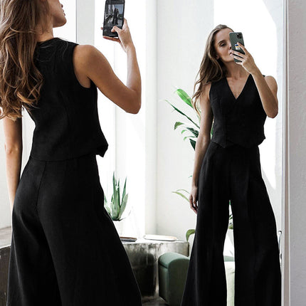Wholesale Women's Summer Casual Fashion Black Vest Trousers Blazer Two-Piece Set