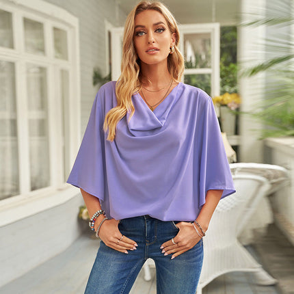 Wholesale Ladies Casual Pleated Summer V Neck Short Sleeve T-Shirt